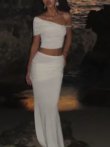 Two-piece Set Women's Solid Color Short Crop Top & Skirt, Casual Minimalist Fashion Cozy Top & Skirt for Daily Outdoor Wear, Ladies Outfits for Summer, Clothes, Womenswear