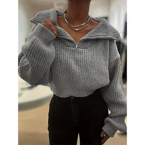 Women's Fall Winter Half-Zip Lantern Sleeve Cropped Sweater - Elegant Ribbed Pullover with Zipper Detail, Slim Fit Mid-Weight Stretchy Machine Washable Casual Chic Tops, Sweater, Winter Comfort Clothing, Foldover Ribbed Detail, Durable Knitwear