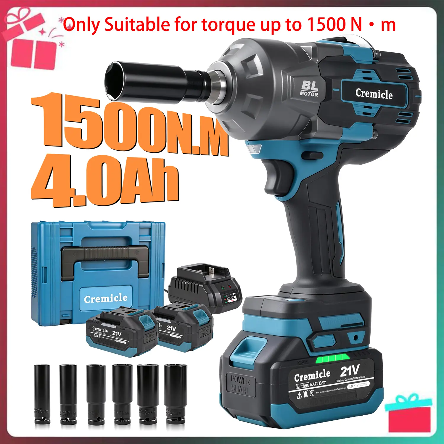 1500Nm Cordless Impact Wrench Set, Cordless Impact Gun with 2×4.0Ah Batteries, Electric Impact Wrench with 6 Sockets Power Tools