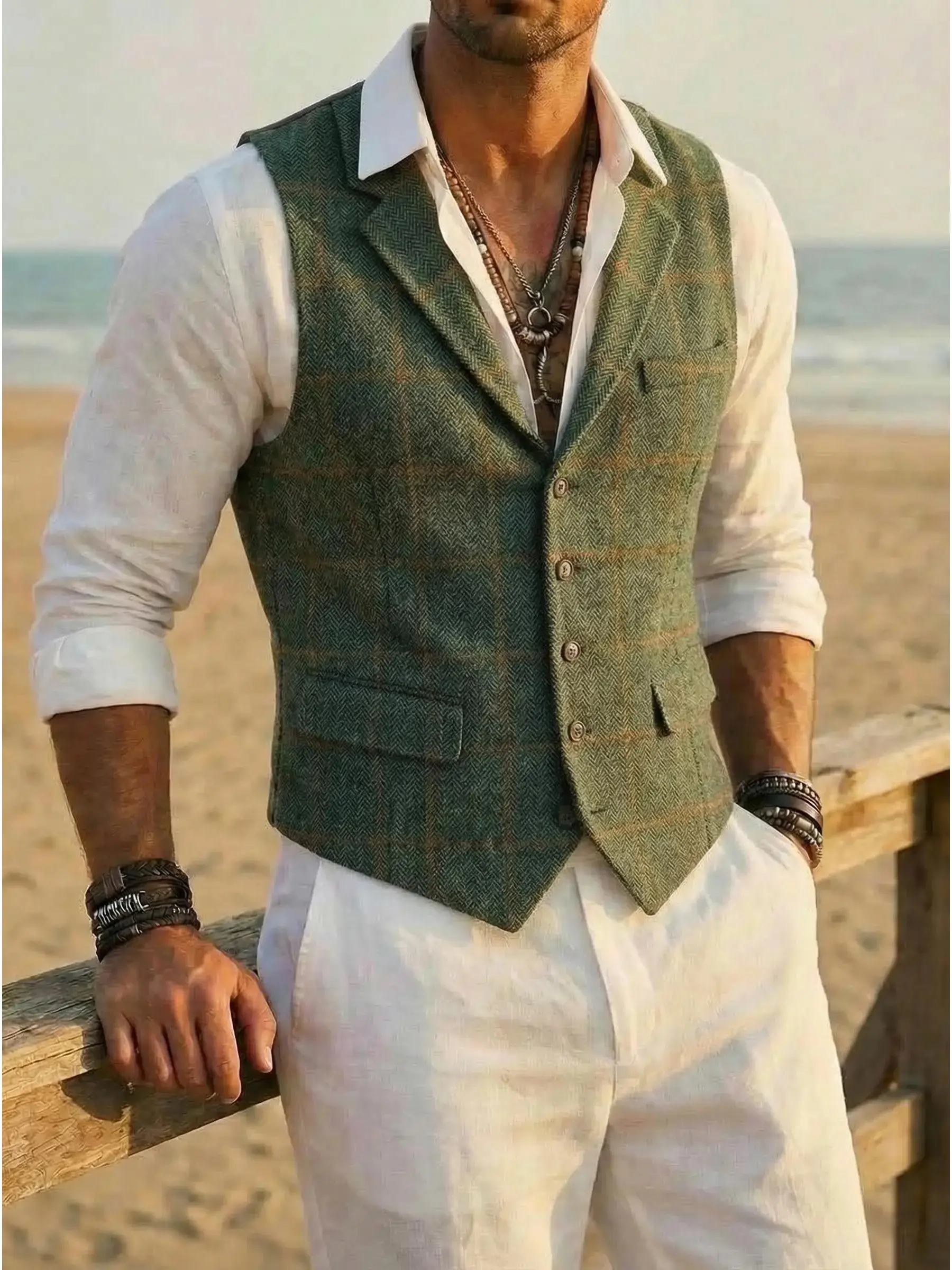 Men's Casual Plaid Suit Vest Tweed Slim Fit Waistcoat for Wedding Groomsmen