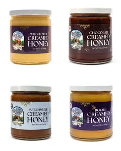 Creamed Honey Variety Bundle - Wildflower, Royal, Bee Immune & Chocolate Flavors, Spreadable & Whipped - 12oz Glass Jars