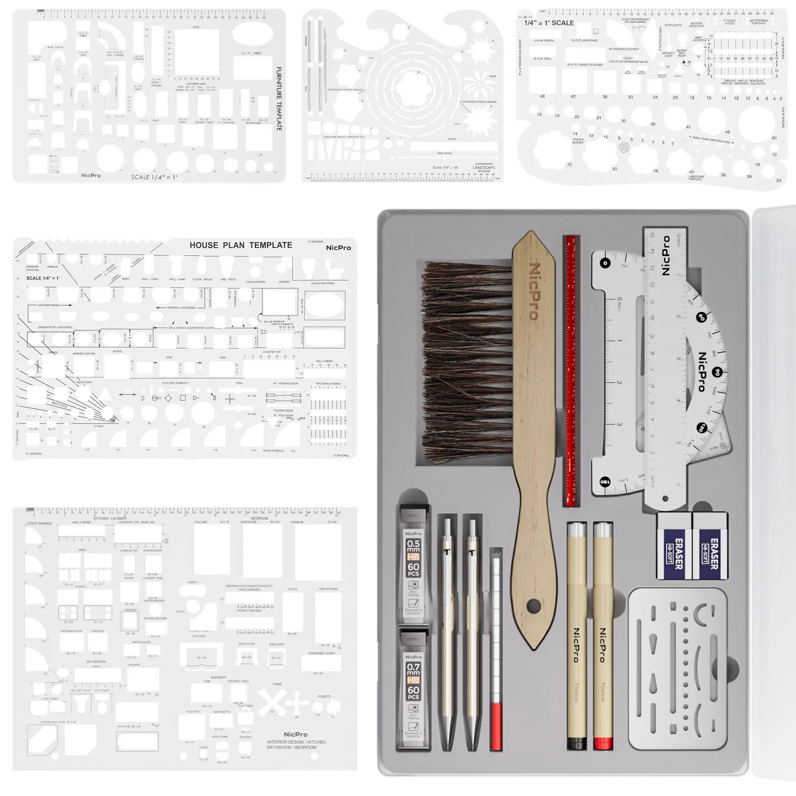 Nicpro 21-Pack Professional Drafting & Geometry Measuring Instrument Set with Case - Architect Compass, Protractor, Metal Pencils, Pens, Scale Ruler, Measuring Ruler, 5 Drawing Templates for Home Office Users