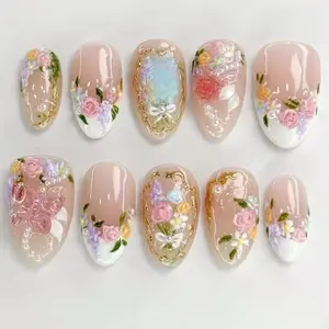 Elegant Almond Nail Art Set, French Style Floral Design, Flower Nails, Pearl & Accents, Detachable Manicure Kit, Single Pack, Diy Nail Kit