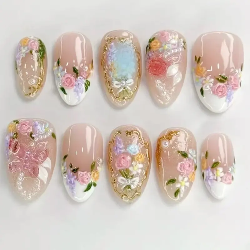 Elegant Almond Nail Art Set, French Style Floral Design, Flower Nails, Pearl & Accents, Detachable Manicure Kit, Single Pack, Nail Art Products, Diy Nail Kit