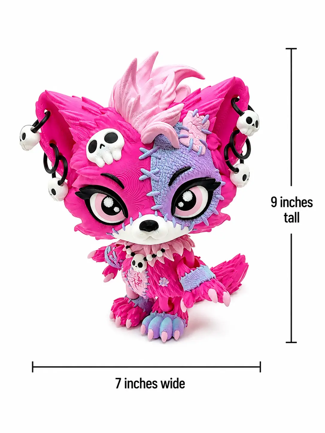 Lupa the Voodoo Wolf Pup XL 9" —  5 color Articulated 3D Printed Stitch figurine Wolf w/ Skull Earrings