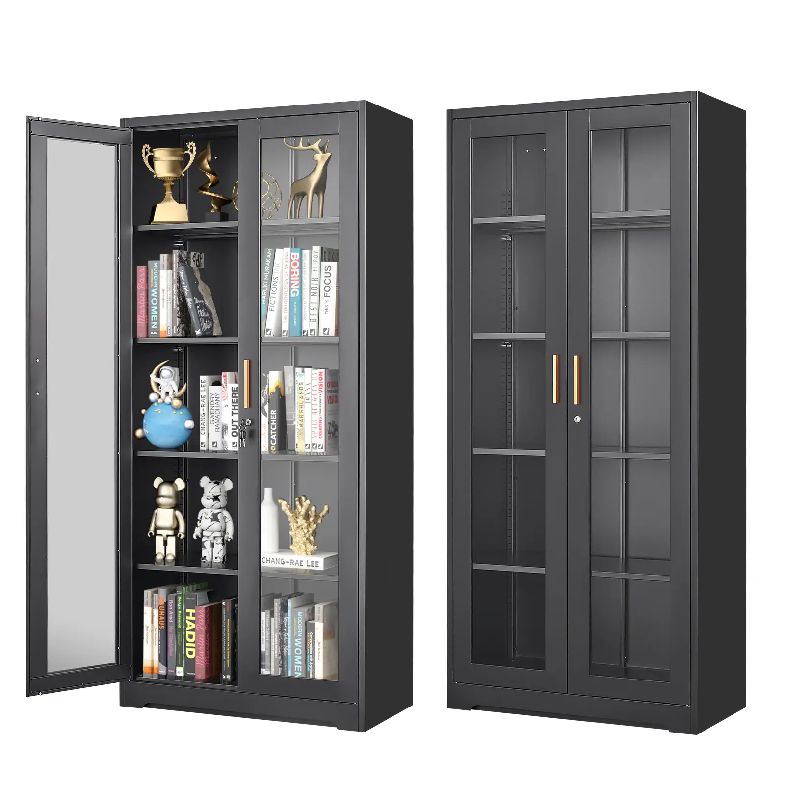 71-inch steel-framed glass display cabinet with lock and 5 adjustable shelves for collectibles, books, and wine. Freestanding cabinet Freestanding cab