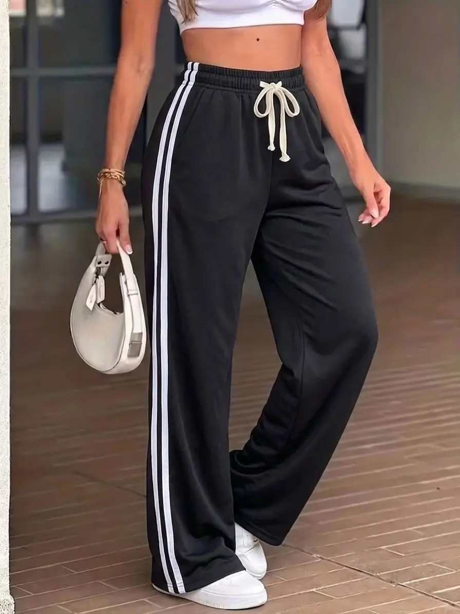 Women's High-Waisted Drawstring Wide-Leg Pants with Side Stripes - Drapey Fabric Workout-To-Weekend Bottoms, Slimming Comfortable Versatile Casual Athletic Long Pants