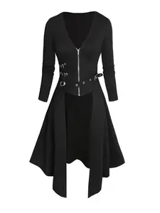 Gothic Tail Hem Deep V Neck Zipper Long Sleeve Coat, Womenswear Punk Style Halloween Costume Outerwear for Fall & Winter, Unique Fashion Statement Jacket