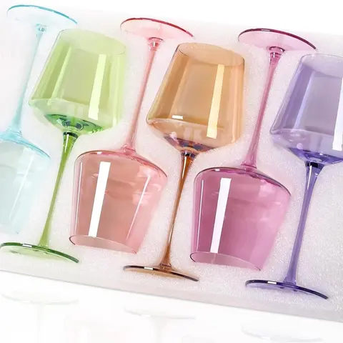 Physkoa Hand-Blown Colored Long Stem Square Wine Glasses Set of 6 (18oz) - Stylish Cups for Adults, Drinking Glass Sets for Wine Lovers, Wedding & Birthday Gifts, Drinking Glasses