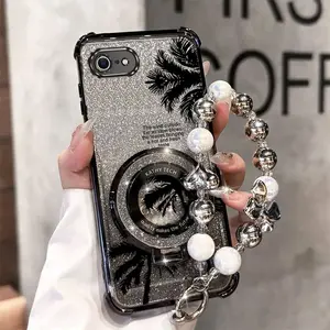 16E Young Mom Series Fashion Strap Lanyard Phone Holder Case For Compatible With iPhone 16e PC Cover and Elegant Black Coconut Tree Protector Cases Phone Cover Casing