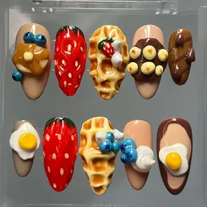 Chic Nail Studio Breakfast Theme Press-On Nails, 3D Waffle, Strawberry, Blueberry, Chocolate, Egg, Custom Press-On Nail, Foodie Style, Picnic, Summer Vibes, Gifts for Her
