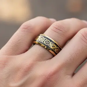 Dragon Ring Mens Celtic Wedding Band 8mm Engagement Band Tungsten Carbide Yellow Gold Wedding Band Polished Edges Dragon Celtic Women's Ring