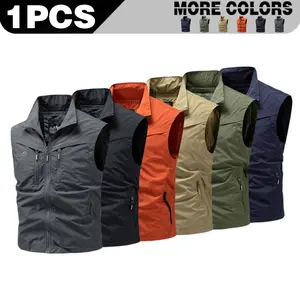 Outdoor versatile men's multi pocket workwear vest, quick drying breathable fishing photography stand up collar vest