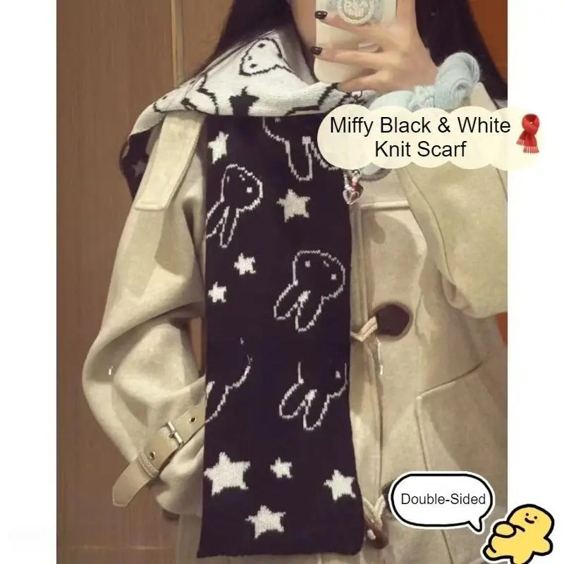 Unisex Kawaii Miffy Double-Sided Black & White Knit Scarf - Thermal, Soft, Cozy Figure-Enhancing Home Decor Hanging Accessory, Fashion Gift for Couples, No