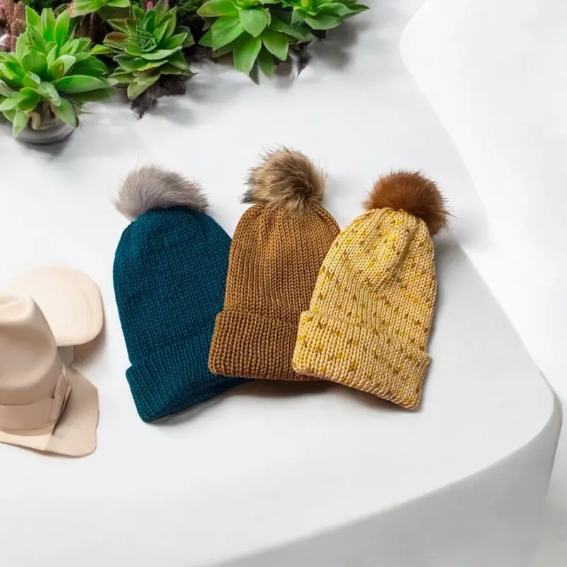 Hand-Knitted Double Thick Chunky Beanies in Orange, Yellow, and Gray with Pom Pom Removable Detail, 100% Soft Acrylic Yarn, Winter Hat