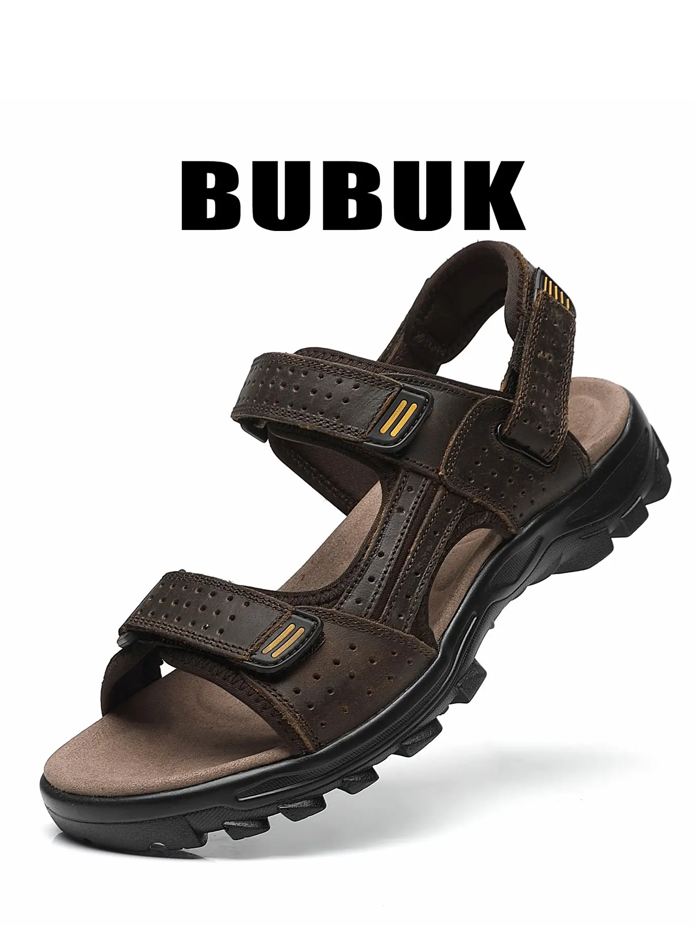 BUBUK Men's Top-Grain Cowhide Sport Sandals, Open Toe Hiking Outdoor Shoes, Anti-Slip PU Sole, Casual Beach Footwear for All Seasons, Summer Outdoor Sandals