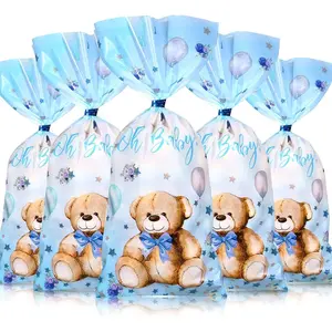 100 Pack Baby Bear Christening Party Candy Bags, Bear-shaped Transparent Plastic Gift Bags with Metal Twist Ties, Suitable for Gender Reveal Birthday Party Gifts (Blue)