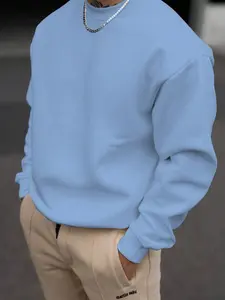 Men's Loose Solid Drop Shoulder Round Neck Sweatshirt, Casual Minimalist Long Sleeve Crew Neck Pullover For Spring Fall, Men's Clothes For Daily Wear