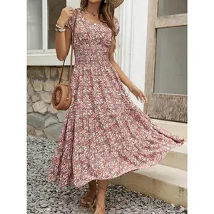 Fashion V-neck floral dress for women - soft and breathable polyester short-sleeved bohemian style full-body print, perfect for summer beach parties - casual，garden dresses，women's clothes outdoorfun