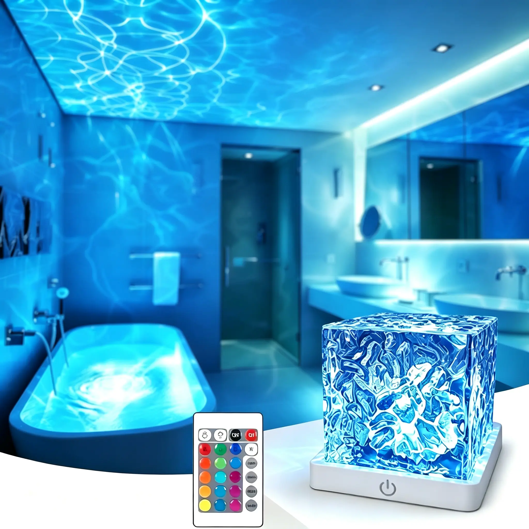 Rechargeable Cordless Shower Light No Wiring, 16 Color Changeable Aurora Ocean Wave Projector Lamp, Waterproof Shower Light with Remote Control & Rotating Flame Water Ripple Projection for Spa Shower Bathroom Bedroom Teen Room Party Gift Decor