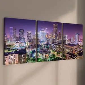 3 Counts Wooden Framed Canvas Painting, Stunning Night City Skyline Photography, Exquisite Poster, Perfect Living Room Decoration, Modern Art, Fashion Family Poster, Wall Art Decoration, Waterproof Art