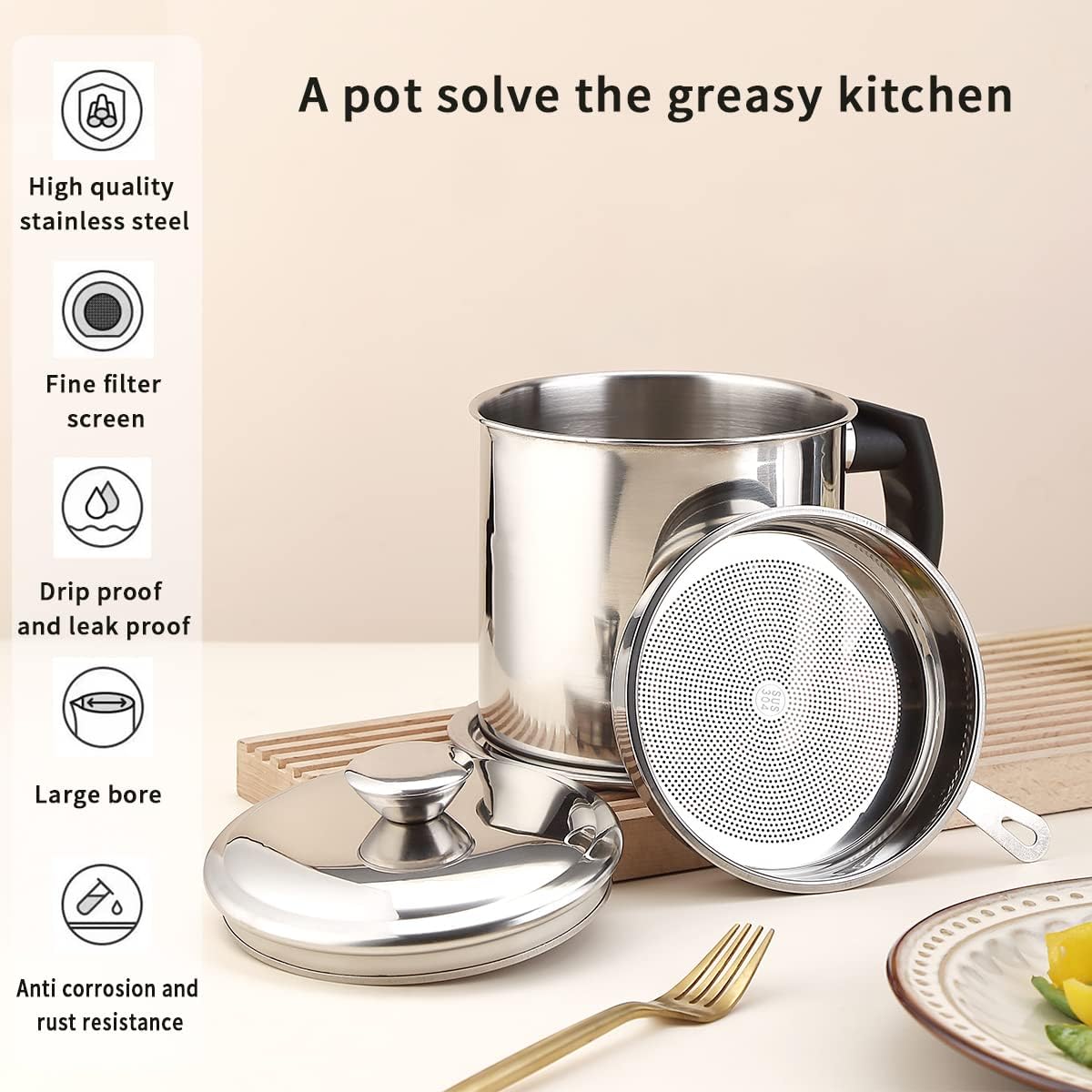 Bacon Grease Container With Strainer, 48 oz Stainless Steel Oil Container, Pot Fat Storage With Lid, Easy Grip Handle Suitable For Storing Frying Oil And Cooking Grease 1