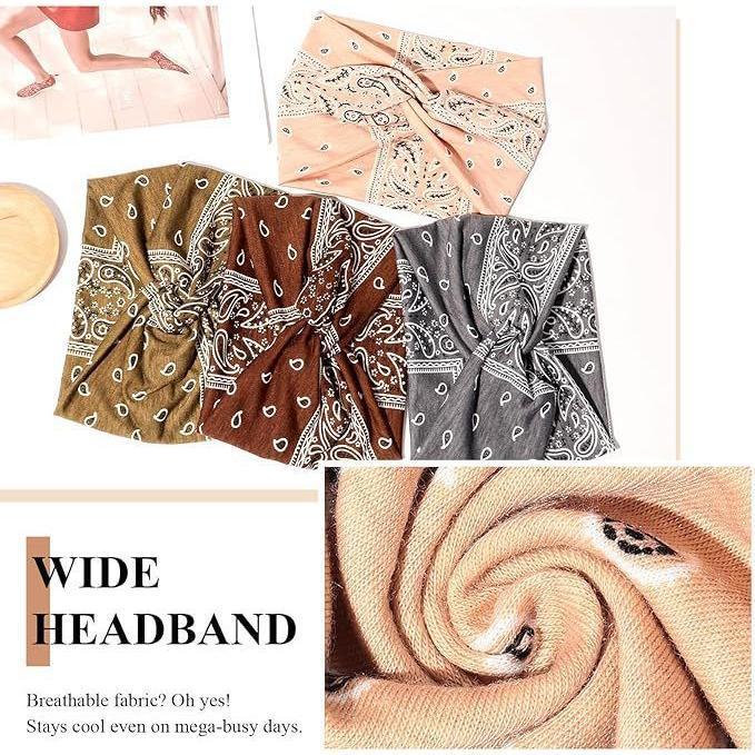 Boho Bandana Headband For Women 4pcs Wide Knotted Turban Head Wraps Cute Scarf Hairband Paisley Fashion Hair Wrap Bands Workout Accessories 4 Pack Boho Bandana Headband For Women 4pcs Wide Knotted Turban Head Wraps Cute Scarf Hairband Paisley Fashion Hair Wrap Bands Workout Accessories 4 Pack