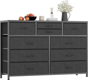 Gaomon 47.2-Inch Wide Black Entertainment TV Stand - Wood Top Media Console with 10 Fabric Drawers, Ample Storage, Anti-Tip Safety, Adjustable Legs for TVs Up to 55 Inches