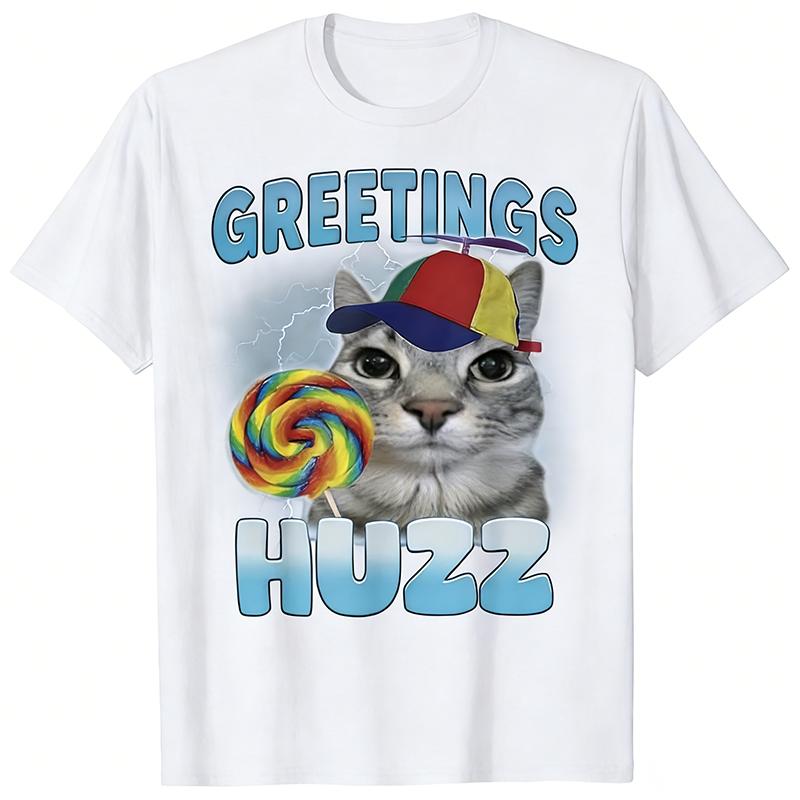 Mens Funny Cat Graphic T Shirt Greetings Huzz Retro Cartoon Kitty Lollipop Rainbow Hat Soft Cotton Crewneck Short Sleeve Summer Streetwear Gift For Him Casual Outfit Daily Wear