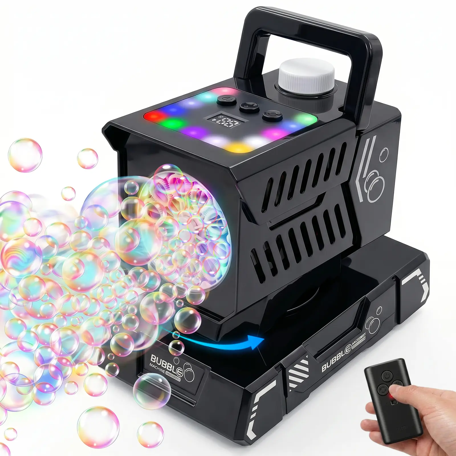 Fikomash Long Range Remote Control Bubble Blower, Tech Edition Black, 30M Range, Independent Light & Bubble Control with 10 RGB Modes