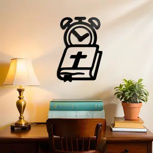 2D graphic design, 1 large laser cut black iron wall decoration with Bible scripture alarm clock - heavy-duty modern horizontal religious scripture wall decoration, suitable for living rooms and bedrooms - women's warm room gift