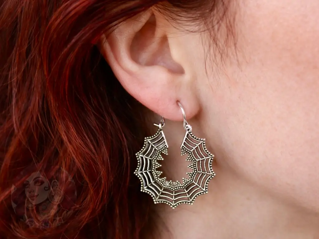Gothic Body Jewelry Spiderweb Hanger Earrings Set - Silver Brass, Lightweight, Web-Line Design, Suitable for Standard Piercings or Stretched Ears