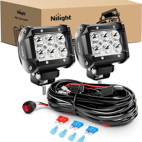 Nilight ZH009 Dual Pack LED Work Lights - 2PCS 18W Units with 16AWG Wiring Harness, 45 degrees Aim Control, 9-30v 12v Fit 12v Vehicle Ready LED Offroad Lights, Truck Accessories