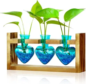 Nacome Plant Terrarium for Office Decor - 3 Bulb Heart Shaped Glass Vase with Wooden Stand - Perfect for Hydroponics, Indoor Home Decor, and Birthday Gifts for Plant Lovers