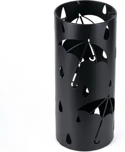 Metal Umbrella Stand Rack for Entryway, Black Round Free Standing Umbrella Holder Organizer Bin with 3 Hooks for Walk Stick, Home Office Indoor, 17 x 7 Inch