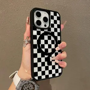Black Checkerboard Pattern Premium Magnetic Phone Cases foriPhone17/16/15/14/13/12/11/X/XS pro max plusSamsungS22/S23/S24/S25FE Smartphone Shockproof Protection Acrylic Cover Cellphone Protective magsafe magnetic case Aesthetic Resistance Casing Protector