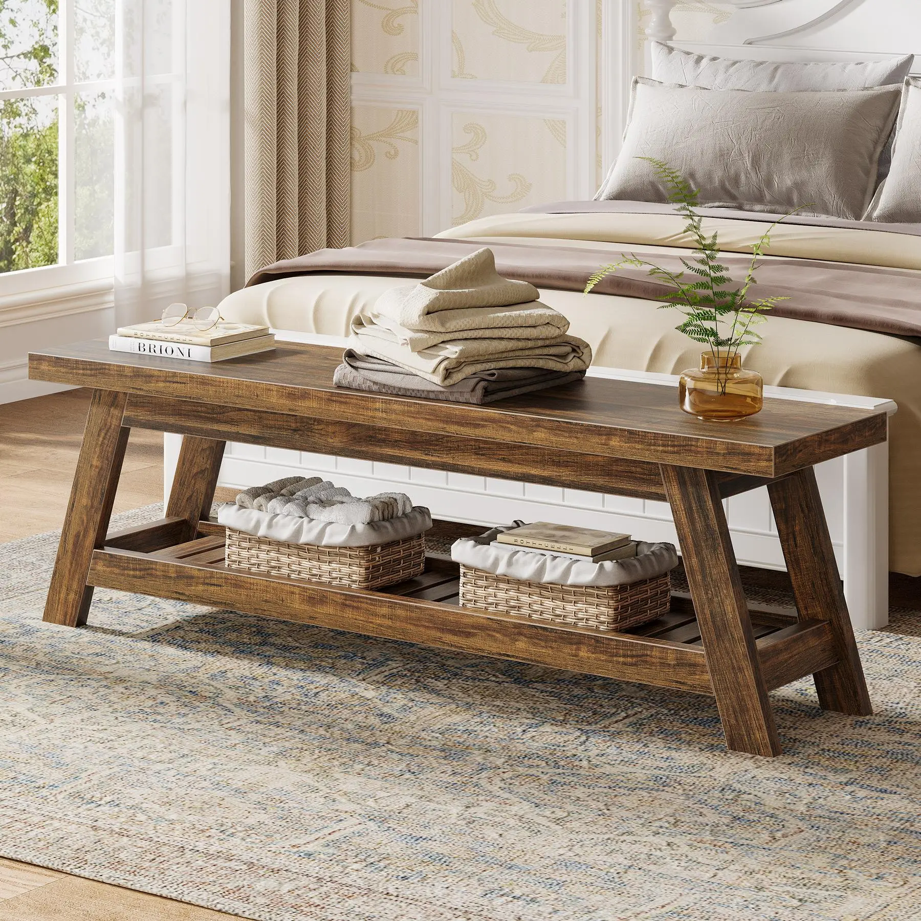 TRIBEWOOD 55 In MDF Classic 2-Seat Storage Bench - 2-Tier Rustic Brown Narrow Entryway Hallway Seating with Open Shelves, Shoe Organizer, Smooth Surface, 350-lb Capacity, Hardware Kits, Simple Setup Assembly for Entryway, Bedroom, 2-Seat Storage Benches