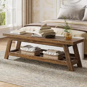 TRIBEWOOD 55" Large Wood Entryway Bench with Shoe Storage, 2-Tier Rustic Brown Narrow Hallway Foyer Seating Bench with Open Shelves for Entryway, Bedroom, Mudroom