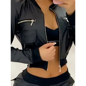 ZipperSolidCropJacket,Y2KLongSleeveJacketForSpring&Fall,Women'sClothing