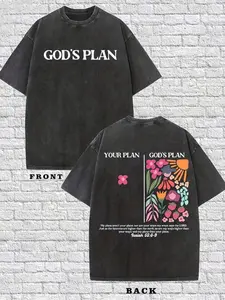 Religious "God's Plan" Graphic Washed T - Shirt, Trendy Streetwear with Spiritual Art Vibe, TikTok - Popular Fashion Item