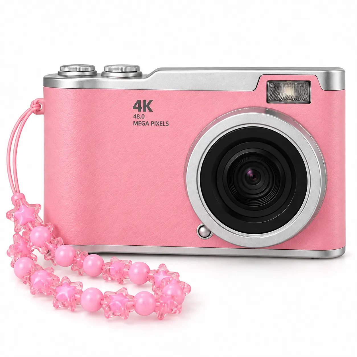 Pink Y2K Digital Camera with Flip-Up Screen and Flash, Memory Card, Card Reader, Wrist Strap and DIY Stickers