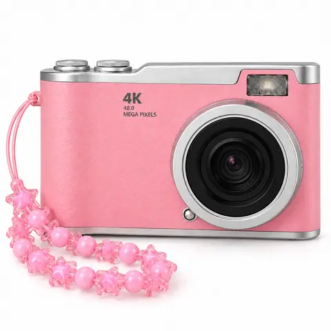 Rechargeable Pink Y2K Point & Shoot Digital Camera with Flip-Up Screen, Flash, Memory Card, Card Reader, Wrist Strap, DIY Stickers, USB Port - Retro Aesthetic Girly Tech Gadget, Geek Gift, Teenage Girls’ Cool Cable-Charging Selfie Camera, Teenage Girls Gi