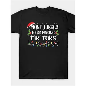 Men's Oversized Cotton Short-Sleeve Round Neck Menswear T-Shirt - Black Top with White "Most Likely to Make Viral Videos" Holiday Graphic (Holly & Christmas Lights), Casual Streetwear, Funny Gift for Content Creators