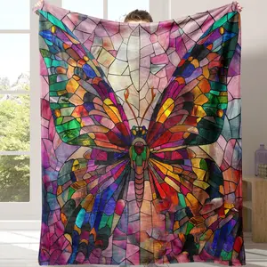 Stained Glass Butterfly Pattern Blanket, Soft Comfortable Throw Blanket, Warm Nap Blanket for Home Office Travel Camping