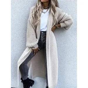 Women's Comfortable Solid Split Hem Bishop Sleeve Open Front Longline Cardigan Sweater for Fall, Casual Comfort Fashionable Style Longsleeves Knitwear Cardigan Knit Clothing Womenswear, Fall Outfits, Fallfreshness Can be used with a raincoat