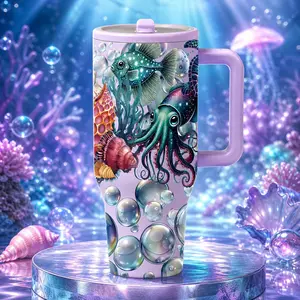 1 Pc 40oz Insulated Mug, Ocean Octopus Fish Shell Bubble Print Thermal Mug, Purple Sea Life Mermaid Core Tumbler With Handle And Lid, Double Wall Leak Proof Large Travel Mug For Hot Cold Drinks, Beach Summer Gift For Women Men