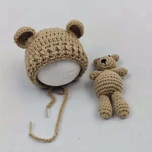 Baby Beanie Caps Bear Dolls Set Newborn Photography Props Toys Infant Knitted Hat Posing Doll Girls Boys Photoshoot Accessories