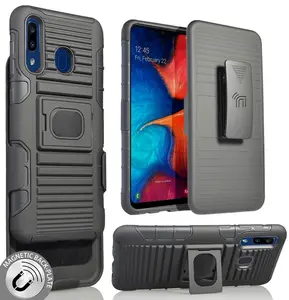 Case with Clip for Galaxy A20, Nakedcellphone Black Rugged Cover [with Finger Grip Stand] + [Built-In Mounting Plate] + [Belt Hip Holster] for Samsung Galaxy A20 (SM-A205) and Galaxy A30 (SM-A305)