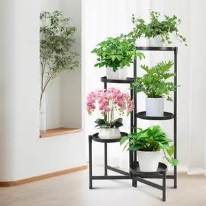 5-Tier Metal Flower Display Shelf with Wide Tray Folding Green Plant Tall Rack Floor-Standing Multi-Layer Plant Pot Storage Bracket for Patio Porch Living Room