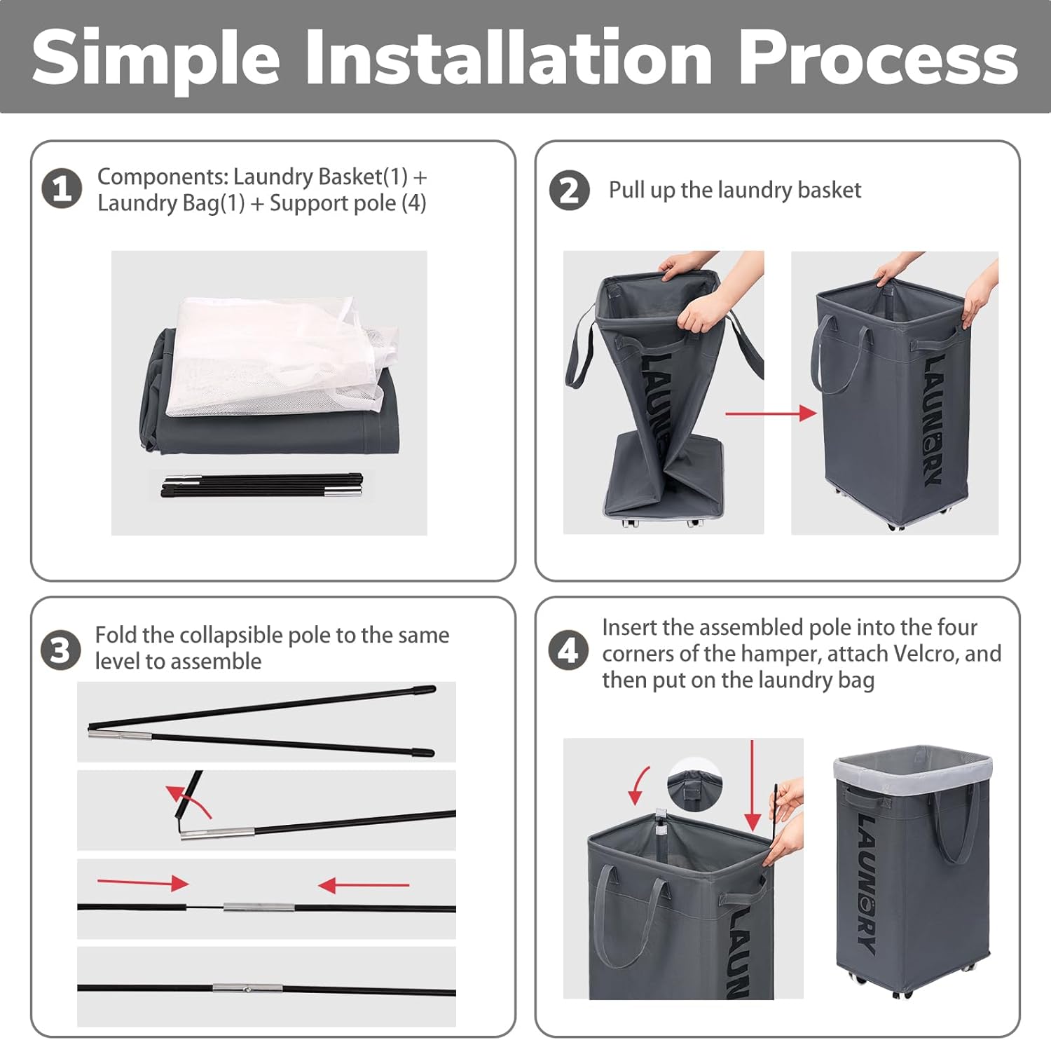 75L Rolling Laundry Hamper – Laundry Basket with Wheels & Removable Bag, Clothes Storage for Dorm Room (Grey)